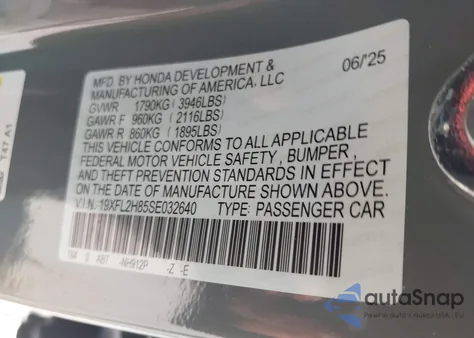 2025 Honda Civic Sedan Sport z USA, uszkodzony, nr VIN 19XFL2H85SE032640